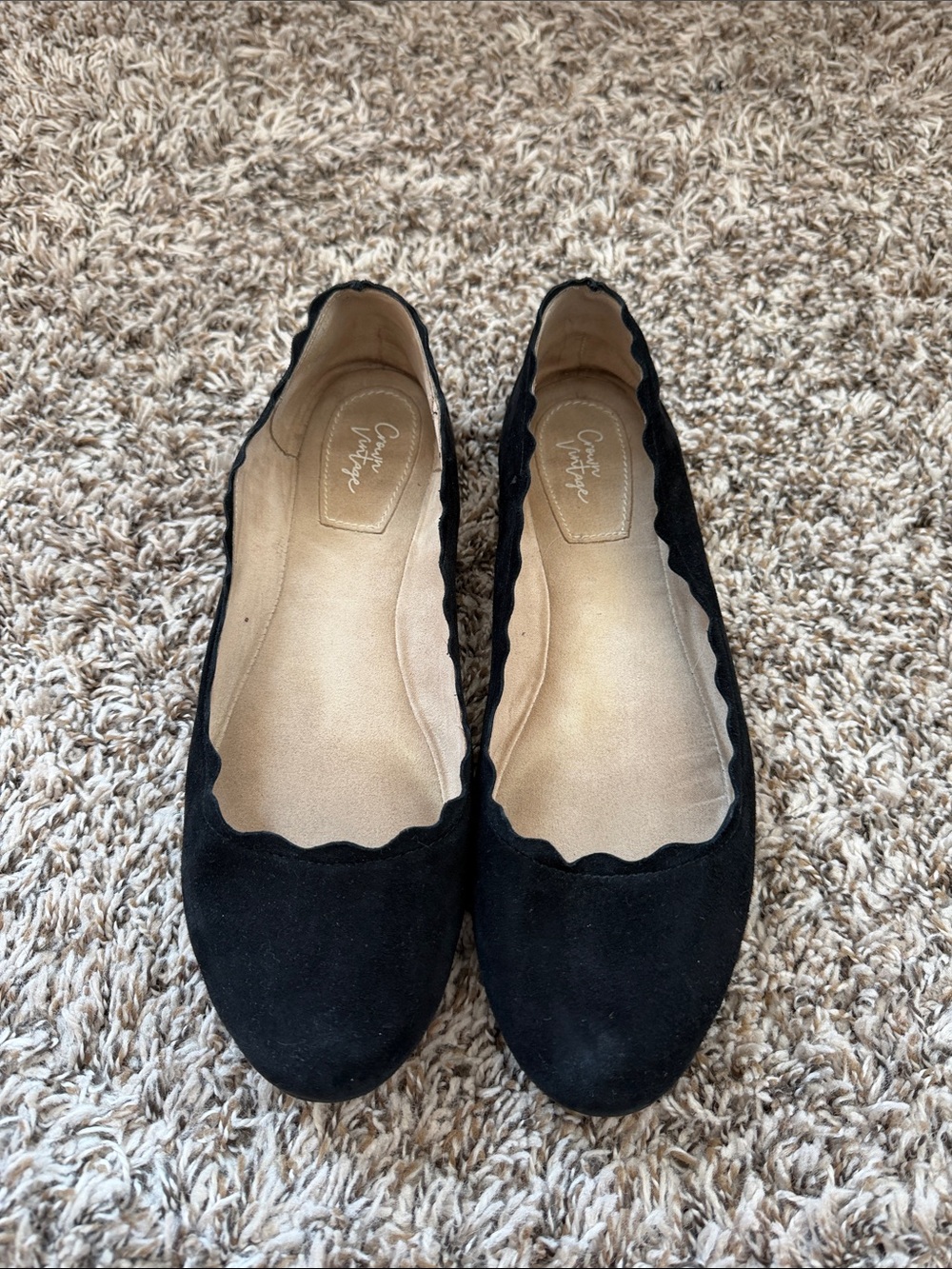 Crown Vintage Black Scallop-Edge Suede Ballet Flats